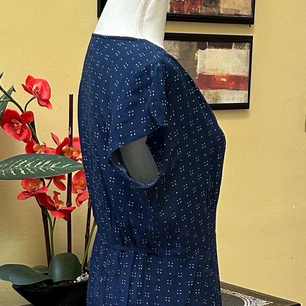 Gap Women’s Navy Blue Dot Print Short Sleeve Full Maxi Wrap Dress Tie Waist Med - Picture 7 of 16